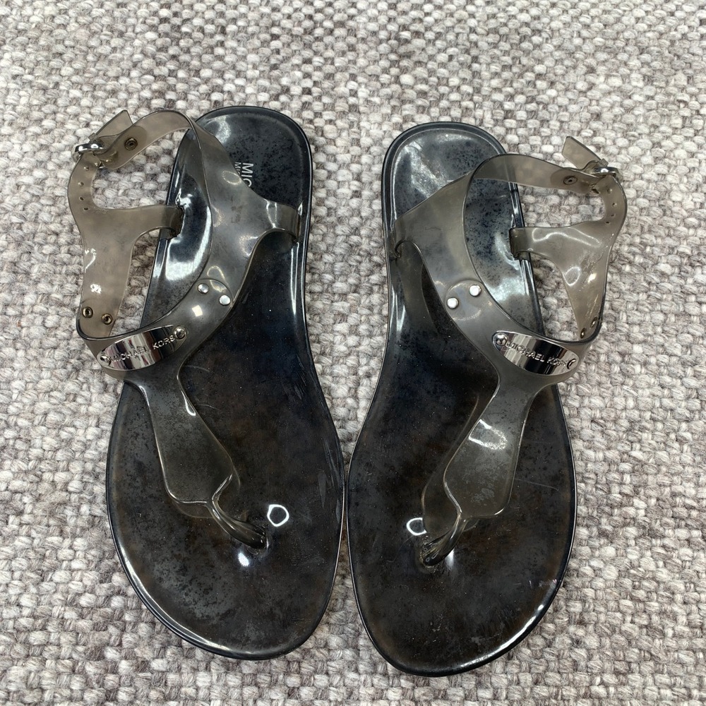 Michael Kors Jelly Sandals Women Size 8 Black Smoke Silver Logo Buckle Thong